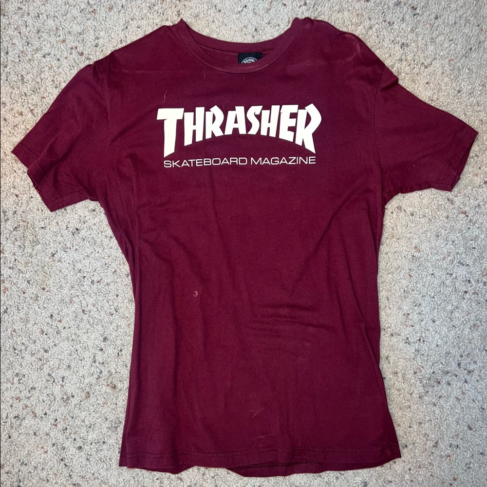 Maroon Thrasher skateboard magazine womens shirt